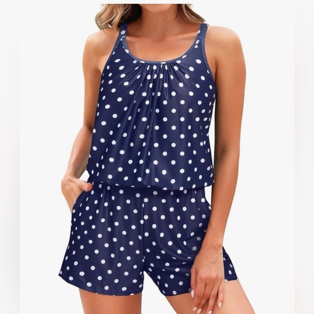 Tempt Me Polka Dot Romper One Piece Swimsuit with Pockets - Size Large